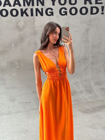 Deep V Neck Sleeveless Cut Out High Slit Waist Slimming Dress, Sexy & Elegant, Spring/Summer