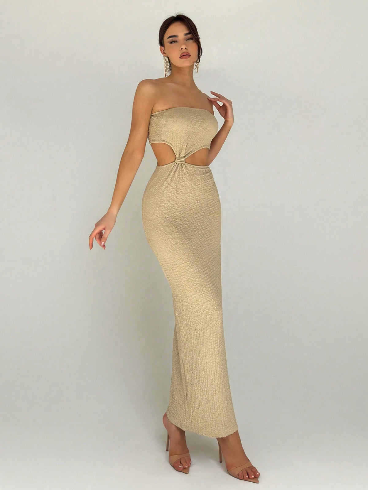 Elegant And Design-Focused Hollow-Out Twist Knot Waist Slim-Fit Maxi Dress With High Side Slit,