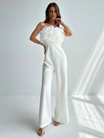 Elegant And Unique Design Mesh Splicing Wide-Leg Jumpsuit, Perfect For Spring And Summer To Show Your Tall And Slim Figure