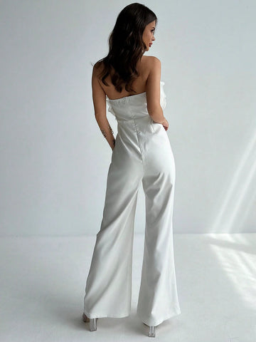 Elegant And Unique Design Mesh Splicing Wide-Leg Jumpsuit, Perfect For Spring And Summer To Show Your Tall And Slim Figure