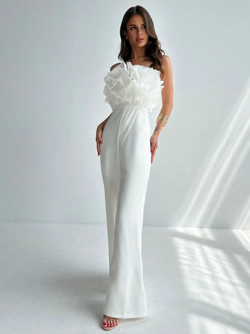 Elegant And Unique Design Mesh Splicing Wide-Leg Jumpsuit, Perfect For Spring And Summer To Show Your Tall And Slim Figure