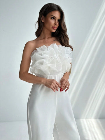 Elegant And Unique Design Mesh Splicing Wide-Leg Jumpsuit, Perfect For Spring And Summer To Show Your Tall And Slim Figure