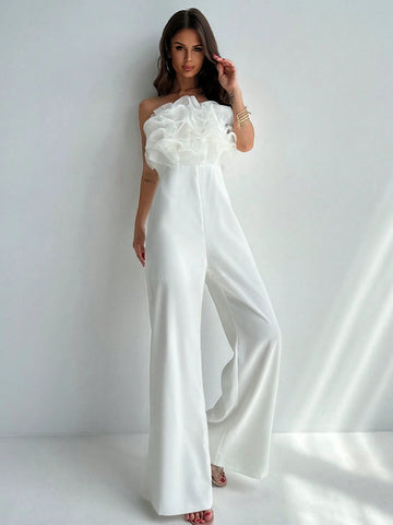 Elegant And Unique Design Mesh Splicing Wide-Leg Jumpsuit, Perfect For Spring And Summer To Show Your Tall And Slim Figure