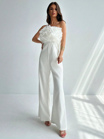 Elegant And Unique Design Mesh Splicing Wide-Leg Jumpsuit, Perfect For Spring And Summer To Show Your Tall And Slim Figure