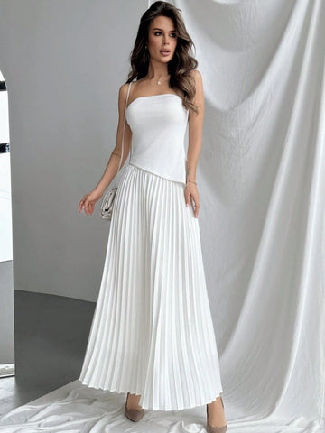 Elegant Asymmetrical Hem Strapless Top With Pleated Skirt Set