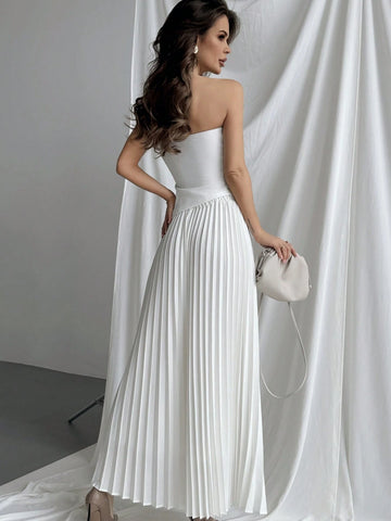 Elegant Asymmetrical Hem Strapless Top With Pleated Skirt Set