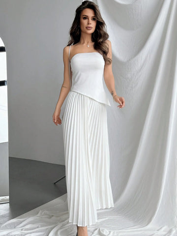Elegant Asymmetrical Hem Strapless Top With Pleated Skirt Set