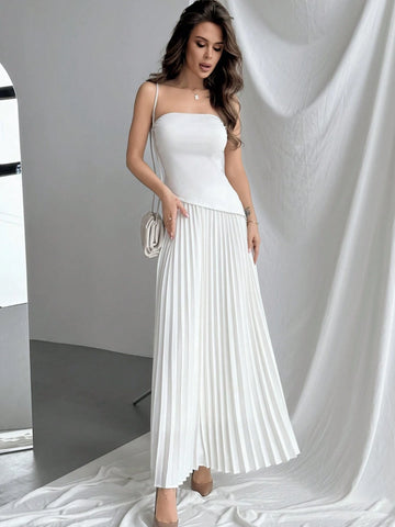 Elegant Asymmetrical Hem Strapless Top With Pleated Skirt Set