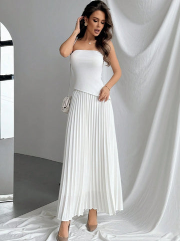 Elegant Asymmetrical Hem Strapless Top With Pleated Skirt Set