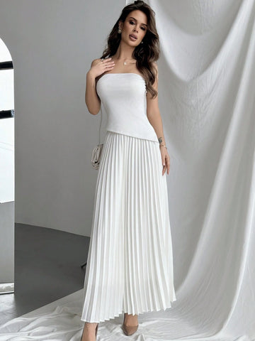 Elegant Asymmetrical Hem Strapless Top With Pleated Skirt Set