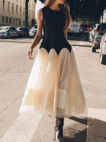 Elegant Color Block Mesh Splicing Slim Fit Sleeveless Round Neck Dress Suitable For Work And Date