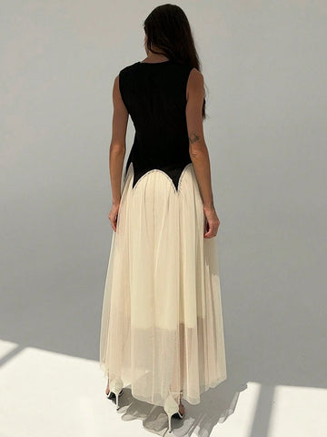 Elegant Color Block Mesh Splicing Slim Fit Sleeveless Round Neck Dress Suitable For Work And Date