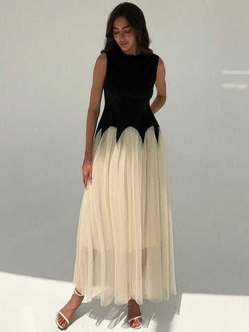 Elegant Color Block Mesh Splicing Slim Fit Sleeveless Round Neck Dress Suitable For Work And Date