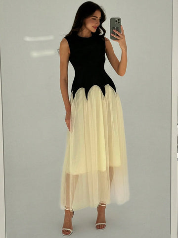 Elegant Color Block Mesh Splicing Slim Fit Sleeveless Round Neck Dress Suitable For Work And Date