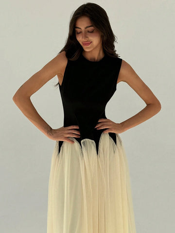 Elegant Color Block Mesh Splicing Slim Fit Sleeveless Round Neck Dress Suitable For Work And Date