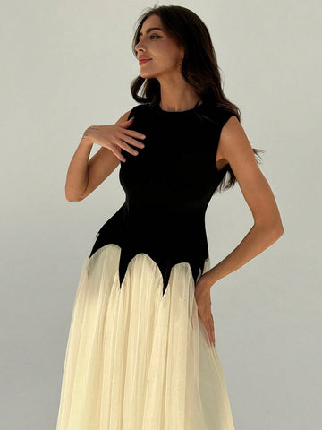 Elegant Color Block Mesh Splicing Slim Fit Sleeveless Round Neck Dress Suitable For Work And Date