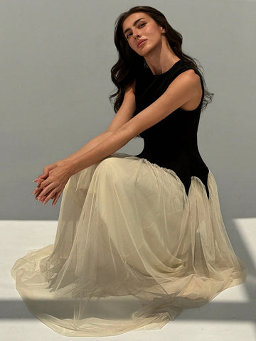 Elegant Color Block Mesh Splicing Slim Fit Sleeveless Round Neck Dress Suitable For Work And Date