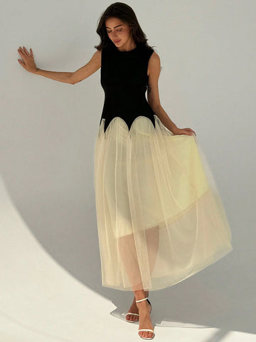 Elegant Color Block Mesh Splicing Slim Fit Sleeveless Round Neck Dress Suitable For Work And Date