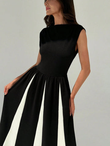Elegant Crew Neck Sleeveless Fitted Contrast Color A-Line Cocktail Party Mini Dress
