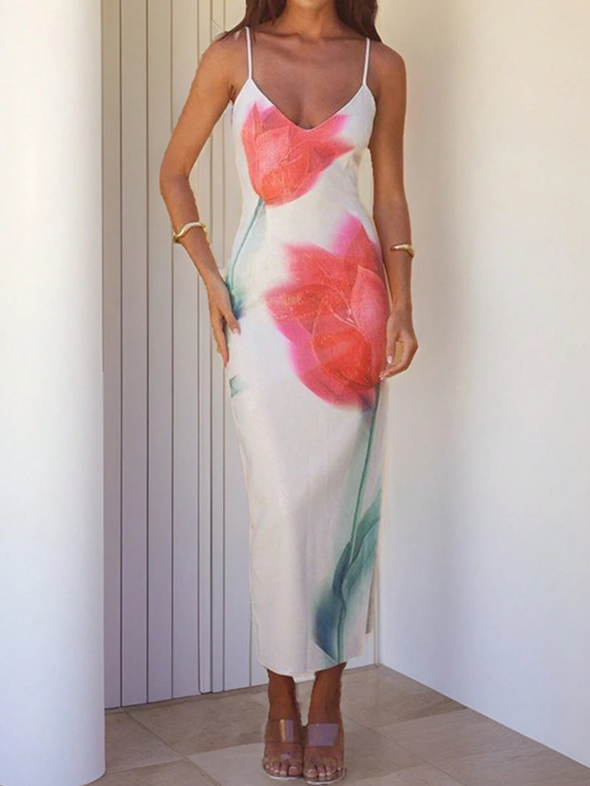 Elegant Deep V-Neck Red Dress With Large Floral Print, Long Length And High Slit To Enhance Slim Figure, With Straps