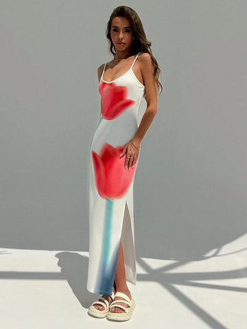 Elegant Deep V-Neck Red Dress With Large Floral Print, Long Length And High Slit To Enhance Slim Figure, With Straps