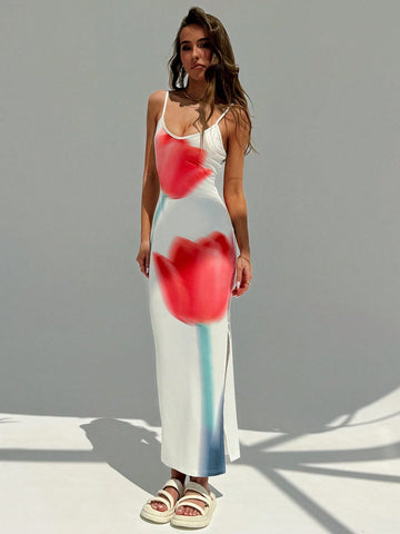Elegant Deep V-Neck Red Dress With Large Floral Print, Long Length And High Slit To Enhance Slim Figure, With Straps