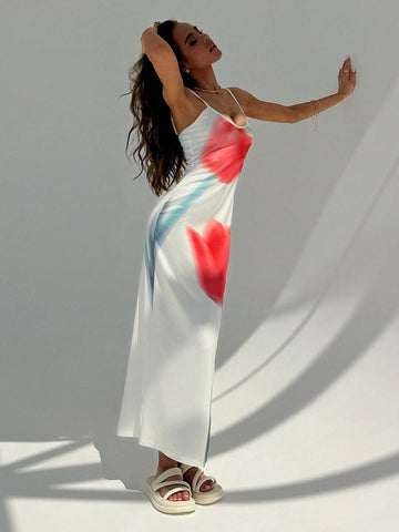 Elegant Deep V-Neck Red Dress With Large Floral Print, Long Length And High Slit To Enhance Slim Figure, With Straps