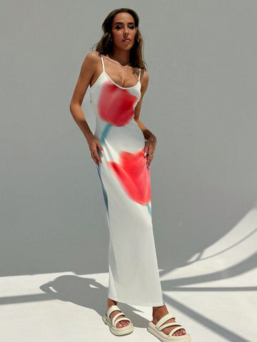 Elegant Deep V-Neck Red Dress With Large Floral Print, Long Length And High Slit To Enhance Slim Figure, With Straps