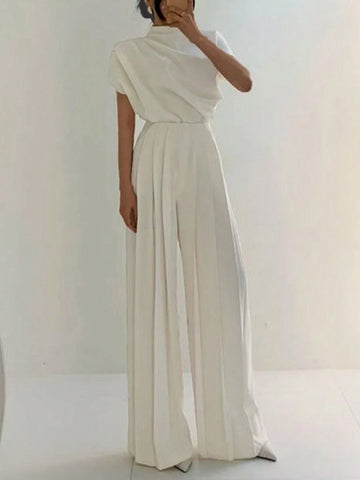 Elegant French Ruched Waist Wide Leg Jumpsuit With Stand Collar And Floor-Length, Perfect For Office And Commute To Showcase The Tall And Slim Figure