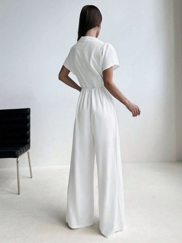 Elegant French Ruched Waist Wide Leg Jumpsuit With Stand Collar And Floor-Length, Perfect For Office And Commute To Showcase The Tall And Slim Figure