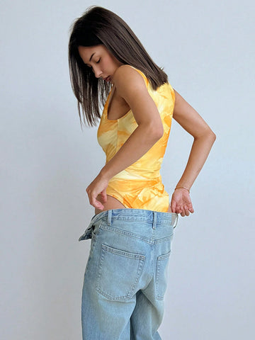 Elegant Gradient Floral Print Sleeveless Ruched Mesh Bodysuit With Cinched Waist, Spring/Summer