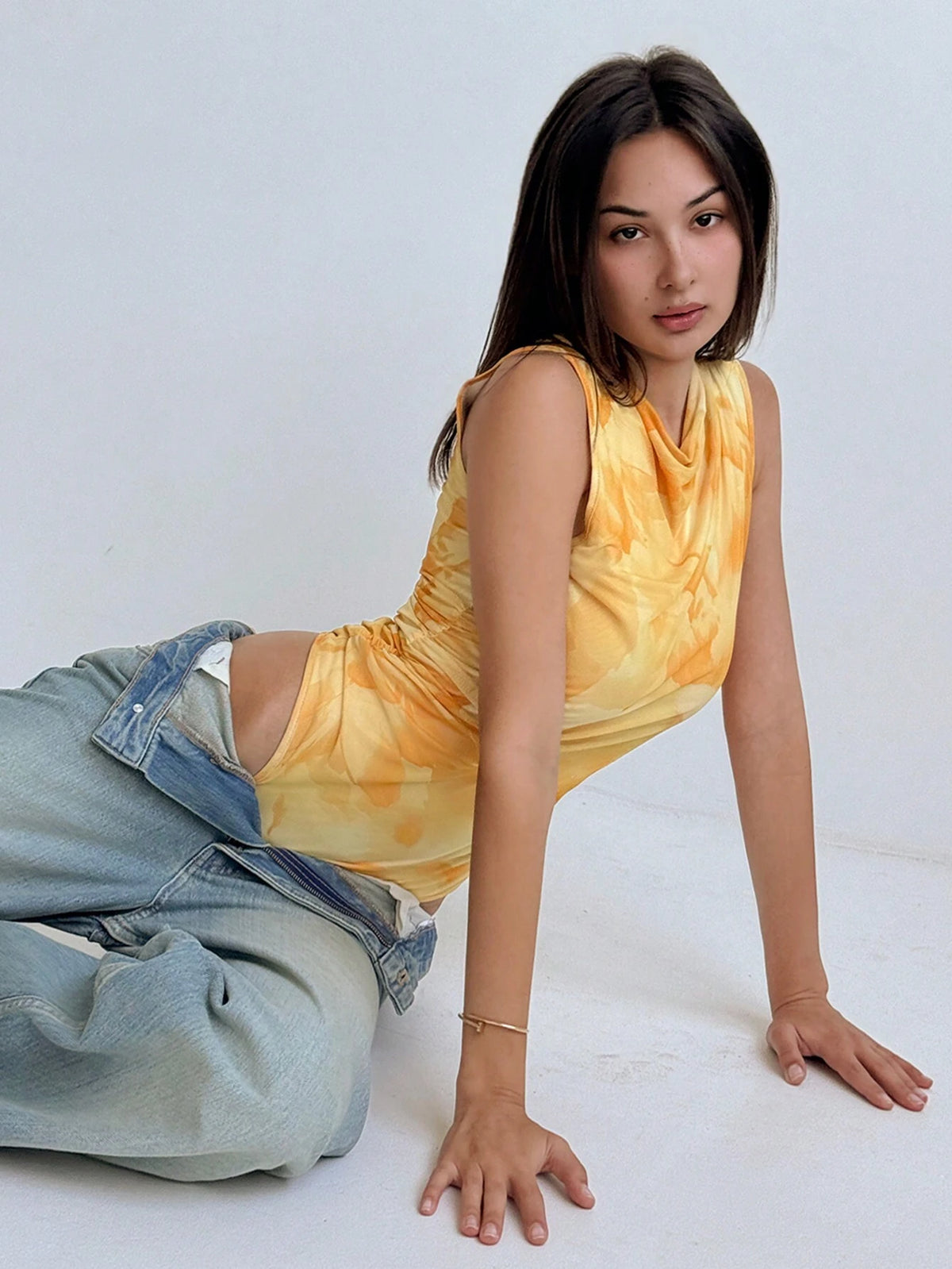 Elegant Gradient Floral Print Sleeveless Ruched Mesh Bodysuit With Cinched Waist, Spring/Summer