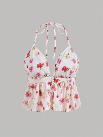 Aloruh Elegant Printed V-Neck Sleeveless A-Line Tank Top With Halter