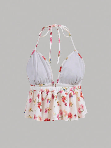 Aloruh Elegant Printed V-Neck Sleeveless A-Line Tank Top With Halter