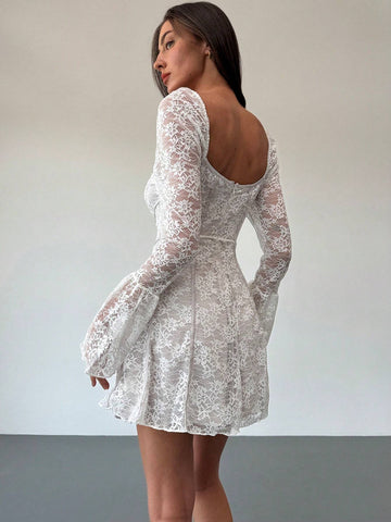 Elegant Sexy Low-Cut Fishbone Decor Super-Short Mini French Square Neck Dress