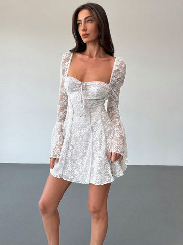 Elegant Sexy Low-Cut Fishbone Decor Super-Short Mini French Square Neck Dress