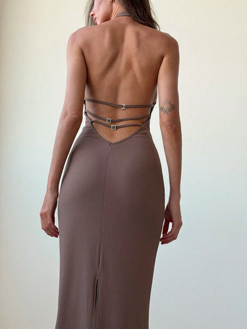 Elegant Spring/Summer Backless Stand Collar Waist Taken-In A-Line Dress, Perfect For Streetwear Or Commuting