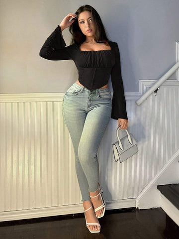 Elegant Square Neck Bell Sleeve T-Shirt With Pleats, Christmas & New Year