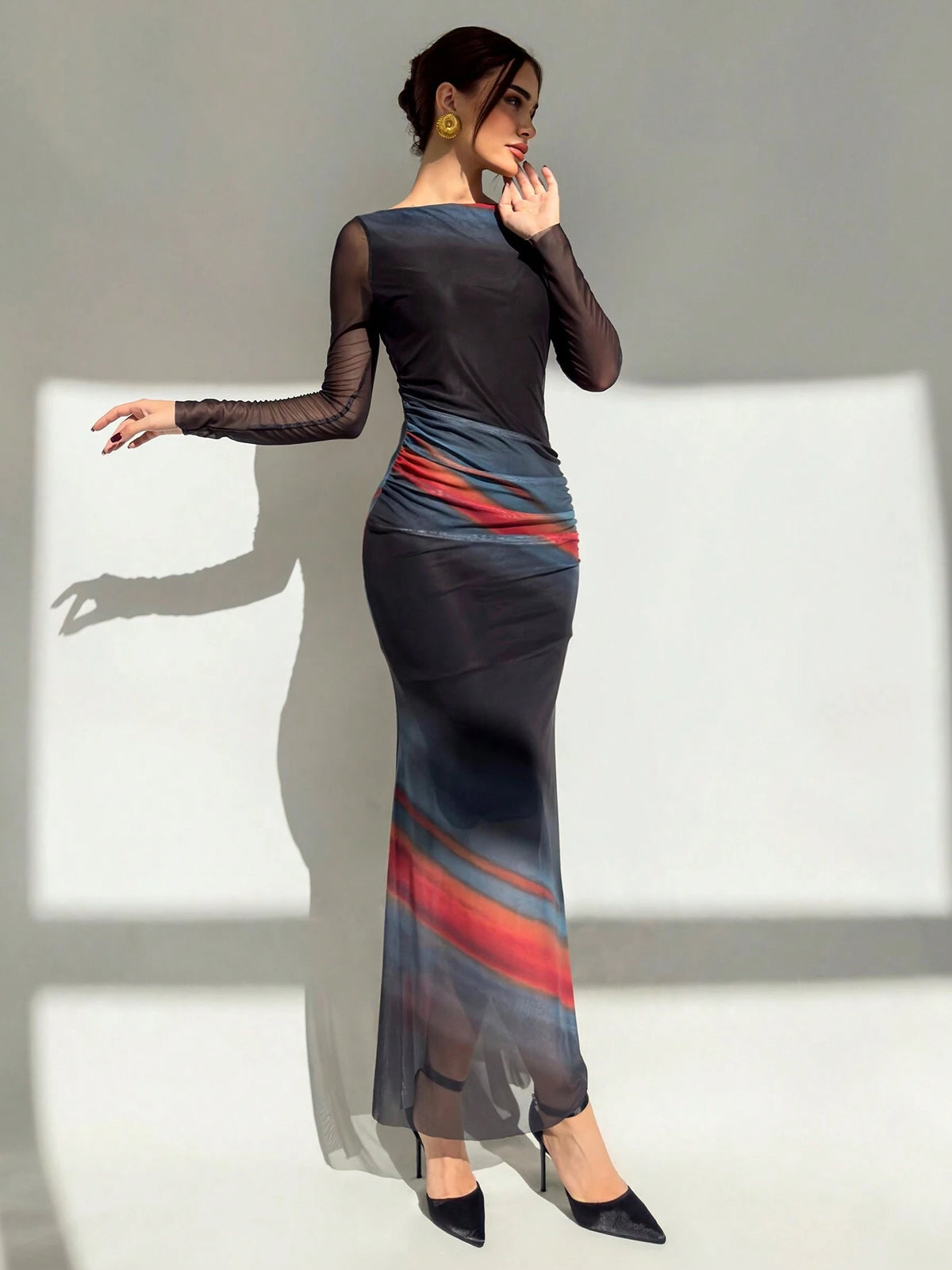 Elegant Tie Dye Color Block Off Shoulder Neck Floral Print Mesh Overlay Summer Holiday Dress