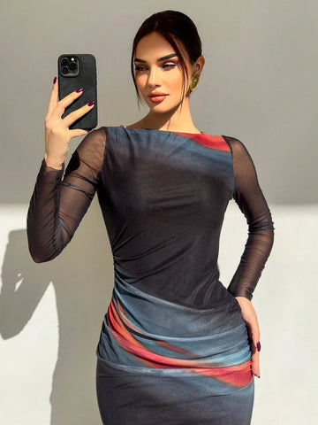 Elegant Tie Dye Color Block Off Shoulder Neck Floral Print Mesh Overlay Summer Holiday Dress