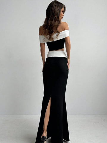 Fashionable Color Block One-Shoulder Top And Long Tail Skirt Two-Piece Set For Holiday, Work, Date