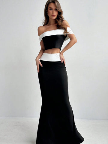 Fashionable Color Block One-Shoulder Top And Long Tail Skirt Two-Piece Set For Holiday, Work, Date