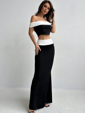 Fashionable Color Block One-Shoulder Top And Long Tail Skirt Two-Piece Set For Holiday, Work, Date