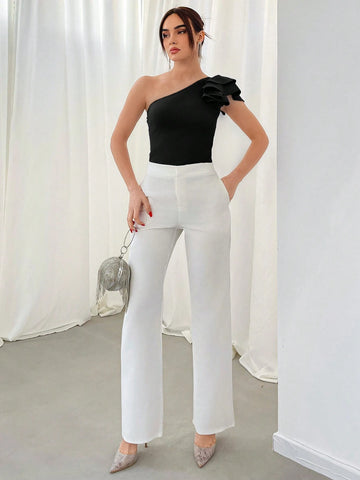 Aloruh Fashionable Summer Solid Color Oblique Shoulder Asymmetric Ruffled Hem T-Shirt