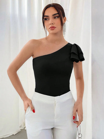 Aloruh Fashionable Summer Solid Color Oblique Shoulder Asymmetric Ruffled Hem T-Shirt
