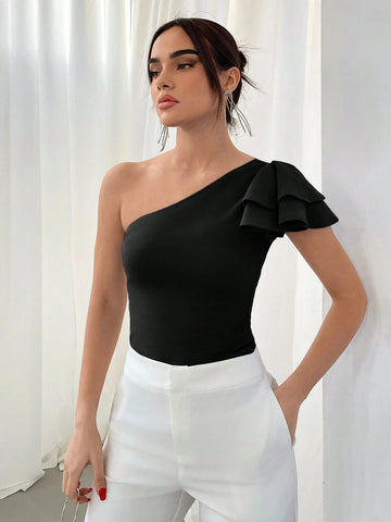 Aloruh Fashionable Summer Solid Color Oblique Shoulder Asymmetric Ruffled Hem T-Shirt