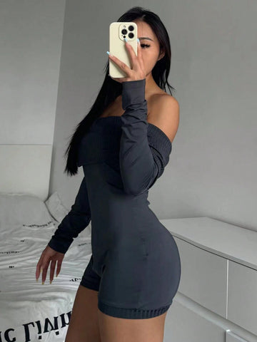 Gray Y2K Off-Shoulder Long Sleeve Cropped Knitted Romper For Ladies