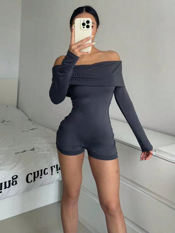 Gray Y2K Off-Shoulder Long Sleeve Cropped Knitted Romper For Ladies