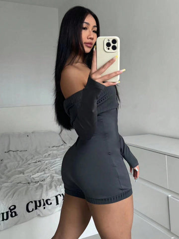 Gray Y2K Off-Shoulder Long Sleeve Cropped Knitted Romper For Ladies