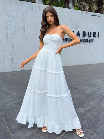 Ladies Solid Color Simple Style Strapless Dress For Daily Wear